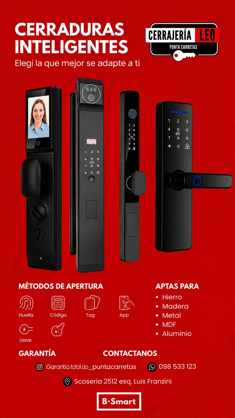 Modelos de cerraduras inteligentes B-Smart disponibles en Cerrajería Leo Punta Carretas con instalación profesional