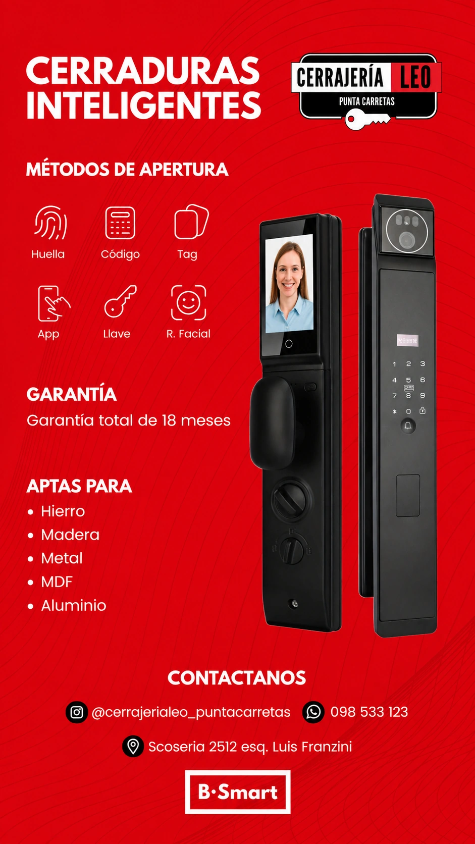 Cerradura inteligente con reconocimiento facial, huella, código y app para hogares y empresas en Punta Carretas